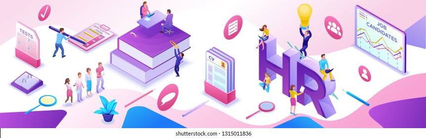 HR department isometric horizontal banner template, Recruitment agency, 3d employer hiring talent personnel, candidates search work via mobile app, office business people, vector illustration