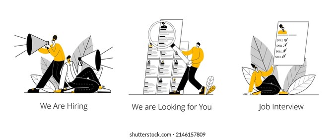 The HR department is looking for a key employee. A set of vector illustrations on the work of the HR department.