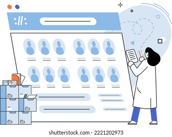 HR department work scenes set, qualified employee responsible for formation of human resources in organization. Specialist engaged in selection, adaptation, dismissal, development of personnel