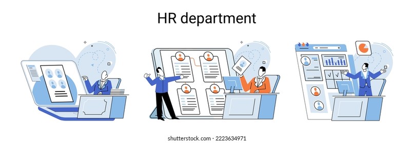 HR department work scenes set, qualified employee responsible for formation of human resources in organization. Specialist engaged in selection, adaptation, dismissal, development of personnel