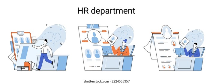 HR department work scenes set, qualified employee responsible for formation of human resources in organization. Specialist engaged in selection, adaptation, dismissal, development of personnel