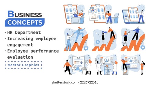 HR department work scenes set, qualified employee responsible for formation of human resources in organization. Specialist engaged in selection, adaptation, dismissal, development of personnel