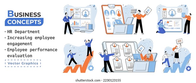 HR department work scenes set, qualified employee responsible for formation of human resources in organization. Specialist engaged in selection, adaptation, dismissal, development of personnel