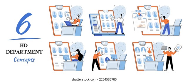 HR department work scenes set, qualified employee responsible for formation of human resources in organization. Specialist engaged in selection, adaptation, dismissal, development of personnel