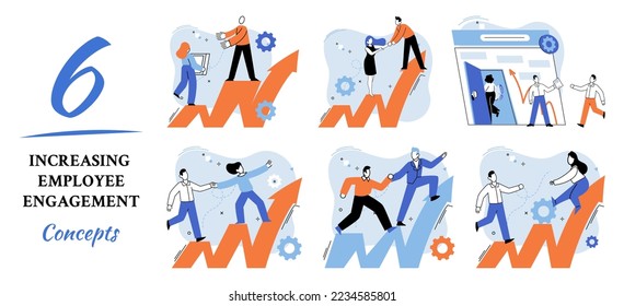 HR department work scenes set, qualified employee responsible for formation of human resources in organization. Specialist engaged in selection, adaptation, dismissal, development of personnel