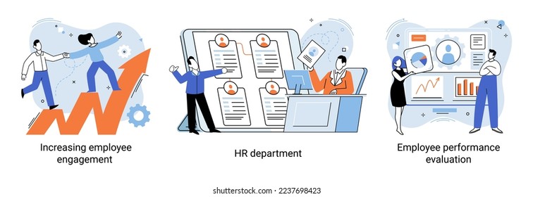 HR department work scenes set, qualified employee responsible for formation of human resources in organization. Specialist engaged in selection, adaptation, dismissal, development of personnel