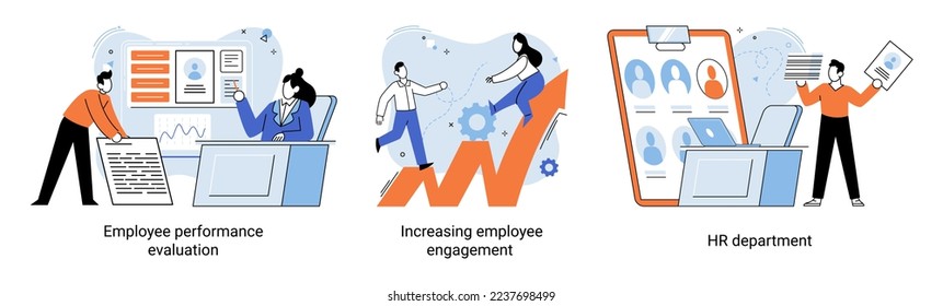 HR department work scenes set, qualified employee responsible for formation of human resources in organization. Specialist engaged in selection, adaptation, dismissal, development of personnel