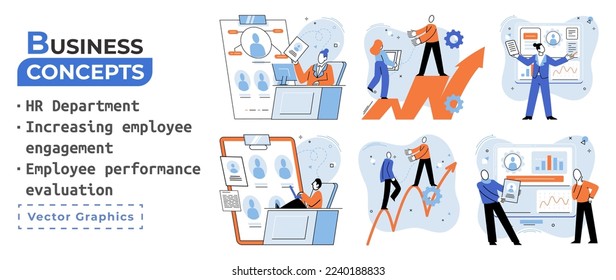 HR department work scenes set, qualified employee responsible for formation of human resources in organization. Specialist engaged in selection, adaptation, dismissal, development of personnel