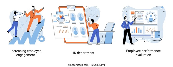 HR department work scenes set, qualified employee responsible for formation of human resources in organization. Specialist engaged in selection, adaptation, dismissal, development of personnel