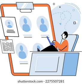 HR department work scenes set, qualified employee responsible for formation of human resources in organization. Specialist engaged in selection, adaptation, dismissal, development of personnel