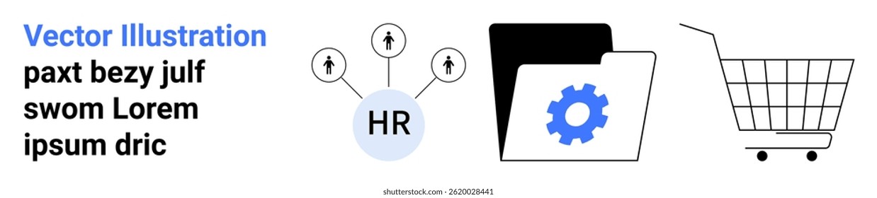 HR diagram with four arrows, folder with gear icon, and shopping cart represent business processes. Ideal for HR management, business analytics, online shopping, e-commerce, productivity software