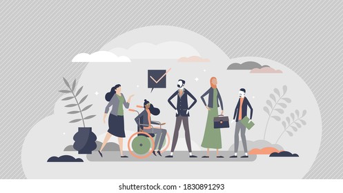 HR Diversity As Various Recruitment Candidates Queue Tiny Persons Concept. Human Resources Hiring Diversity With Multicultural, Race And Gender Equal Employment Opportunities Scene Vector Illustration