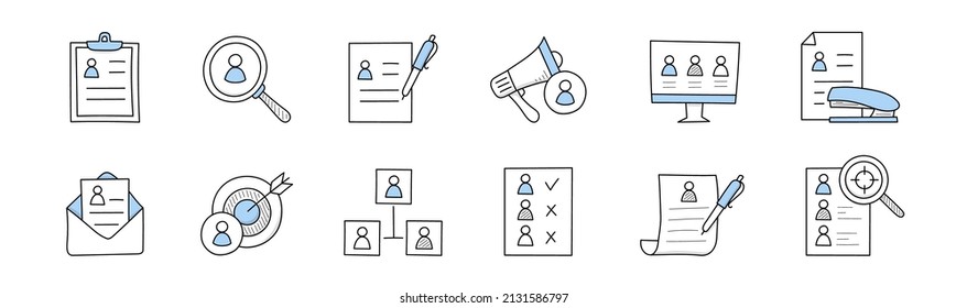 Hr doodle business icons, cv on clipboard, magnifier with candidate profile, pen filling resume, computer monitor with applicants, paper and stapler, envelope, network, Line art vector illustration