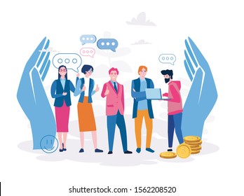 HR, employee care, support of professional growth, Vector illustration for web banner, infographics, mobile website. human recourses, perks and benefits for personnel, wellbeing at work or workplace.