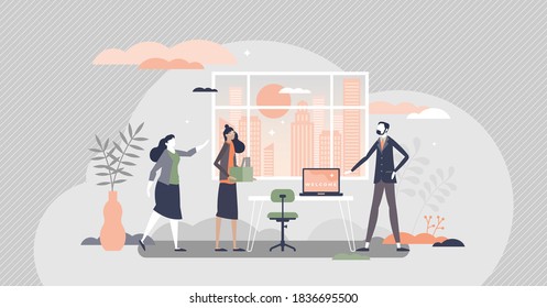 HR Employee Onboarding With Introduction And Integration Tiny Persons Concept. Work Explanation And Welcome At First Day At New Work Process Vector Illustration. Job Presentation And Duties Learning.