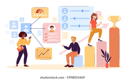 HR Employee performance evaluation and work improvement concept with multiethnic colleagues. Career growth, improving the efficiency of personnel. Flat cartoon vector illustration. Abstract metaphor