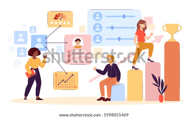HR Employee performance evaluation and work\
improvement concept with multiethnic colleagues. Career growth,\
improving the efficiency of personnel. Flat cartoon vector\
illustration. Abstract\
metaphor