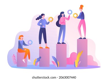 HR Employee performance. Teamwork, employee assessment, project. Girls help each other, gears. Review, evaluation, rating, rank. Cartoon flat vector illustration isolated on white background