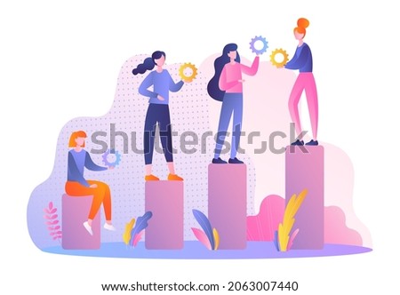 HR Employee performance. Teamwork, employee assessment, project. Girls help each other, gears. Review, evaluation, rating, rank. Cartoon flat vector illustration isolated on white background