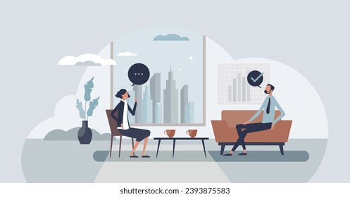 HR employee relations for successful work relationships tiny person concept. Business staff interaction, talking and job tasks planning vector illustration. Social communication with human resources.