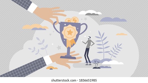 HR Employee Rewards With Money Bonus For Good Results Tiny Person Concept. Motivation And Inspirational Appreciation For Employee Of Month Vector Illustration. Success Award As Job Financial Benefits.