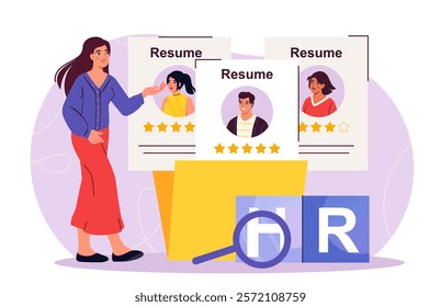 HR evaluates resume. Woman with magnifying glass near folder with resumes of candidates for vacancy. Headhunting and recruitment, employment. Curriculum vitae. Flat vector illustration