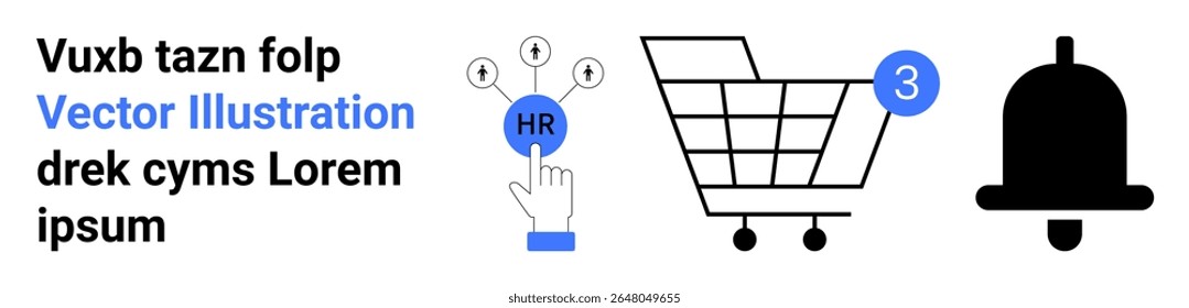HR finger pointing at decision options, shopping cart with 3 items, and a bell icon. Ideal for HR tools, decision making, e-commerce, notifications, user alerts, online shopping, interface elements