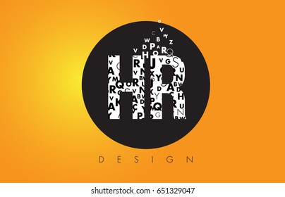 HR H R Logo Design Made of Small Letters with Black Circle and Yellow Background.