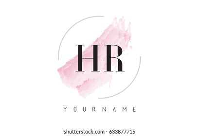 HR H R Watercolor Letter Logo Design with Circular Shape and Pastel Pink Brush.