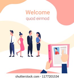 hr hand hold cv resume of businessman over group business people choose candidate for vacancy job position recruitment concept man woman cartoon character copy space flat vector illustration