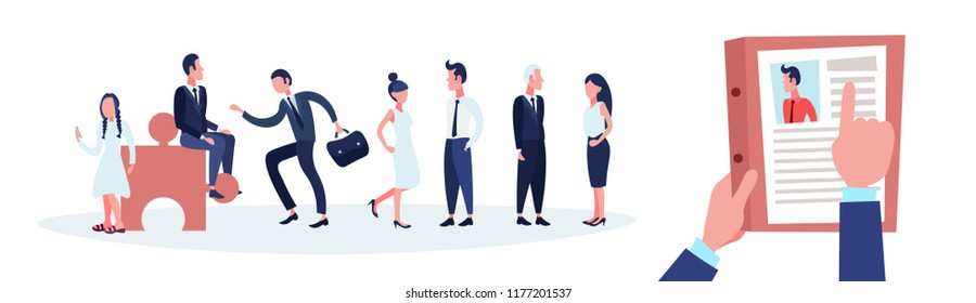hr hand hold cv resume of businessman over group business people choose candidate for vacancy job position recruitment concept man woman cartoon character horizontal banner flat vector illustration