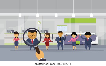 Hr Hand Hold Magnifying Glass Choosing Businessman From Asian Business People Candidate For Vacancy Position, Recruitment Concept Flat Vector Illustration