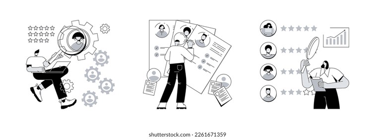 HR and headhunter service abstract concept vector illustration set. Human resources, candidates, performance management, find employee, job applicant, HR management software abstract metaphor.