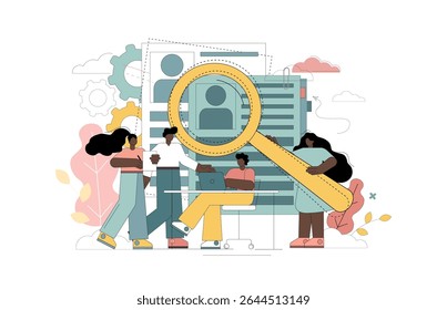 HR. Headhunter service. Man and woman office workers standing in front of list of job applicants