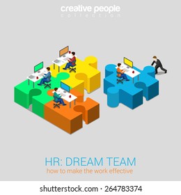 HR Human Relations Dream Team Solution Flat 3d Web Isometric Infographic Concept Vector. Businessman Pushing Puzzle Piece With Company Newbie Workplace To The Team. Creative People Collection. 