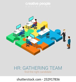 HR Human Relations Gathering Team Solution Flat 3d Web Isometric Infographic Concept Vector. Businessman Welcomes Newbie Company Worker Candidate Demonstrating Workplace. Creative People Collection.