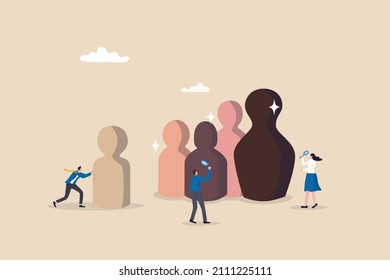 HR, human resources choose candidate to fit in job or career vacancy, diversity, people management or searching for best employee concept, business people human resources team looking at people dolls.