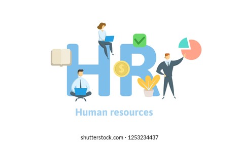 HR, Human resources. Concept with keywords, letters and icons. Colored flat vector illustration on white background. Isolated