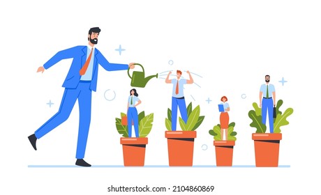 Hr Human Resources Concept, Talent Development, Career Growth, Training or Coaching, Employee Improvement, Businessman Manager Character Watering Talented Staff. Cartoon People Vector Illustration