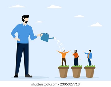 HR human resources concept, Talent development, career growth, coaching to develop skills, employee enhancement, entrepreneur manager watering growth of talented staff in growing nursery pots.