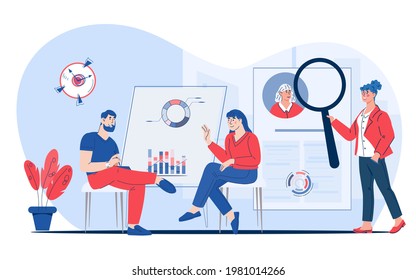 HR Human Resources department work.  HR managers looking for new job candidate and interviewing vacancy applicant. Recruitment, headhunting and employment, flat vector illustration isolated on white.