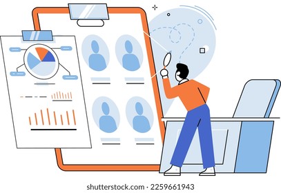 HR Human Resources department work. HR manager looking for new job candidate and reviews questionnaires, resumes of people. Recruitment, headhunting and employment, search for new employee in team
