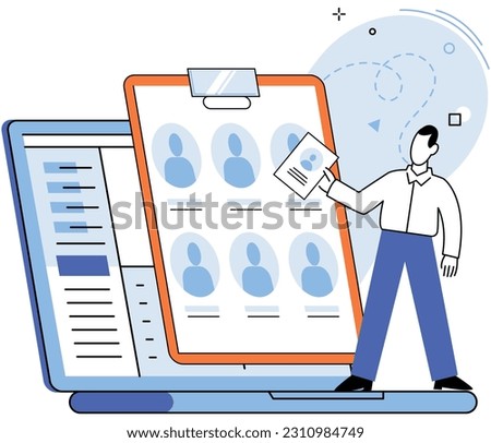 HR Human Resources department work. HR manager looking for new job candidate and reviews questionnaires, resumes of people. Recruitment, headhunting and employment, search for new employee in team