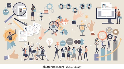 HR human resources elements with work hiring and job career tiny person set. Collection with candidates, interview scene, promotion and skill headhunting items for company project vector illustration.