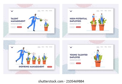 Hr Human Resources Landing Page Template Set. Talent Development, Career Growth, Coaching, Businessman Character Watering Talented Staff, Inspiring Management. Cartoon People Vector Illustration