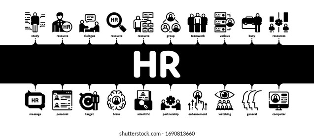 Hr Human Resources Minimal Infographic Web Banner Vector. Hr Management And Research, Strategy And Interview, Brainstorm And Disscusion Illustrations