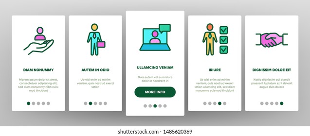 HR Human Resources Onboarding Mobile App Page Screen Vector Thin Line. Profile And Target With Arrow, Handshake, Character Businessman And Video Conference HR Linear Pictograms. Illustrations