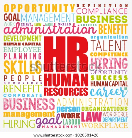 HR Human Resources - set of people who make up the workforce of an organization, business sector, industry, or economy, word cloud concept background