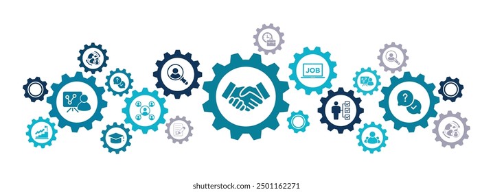 HR and human resources, talent management vector illustration. Blue concept with icons related to work,  recruitment, employment, job offer, candidate, applicant interview by recruiter, career advice.