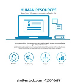 HR (human resources) team workplace with notebook screen and icons vector illustration concept website banner and infographic template. Software application for HR
